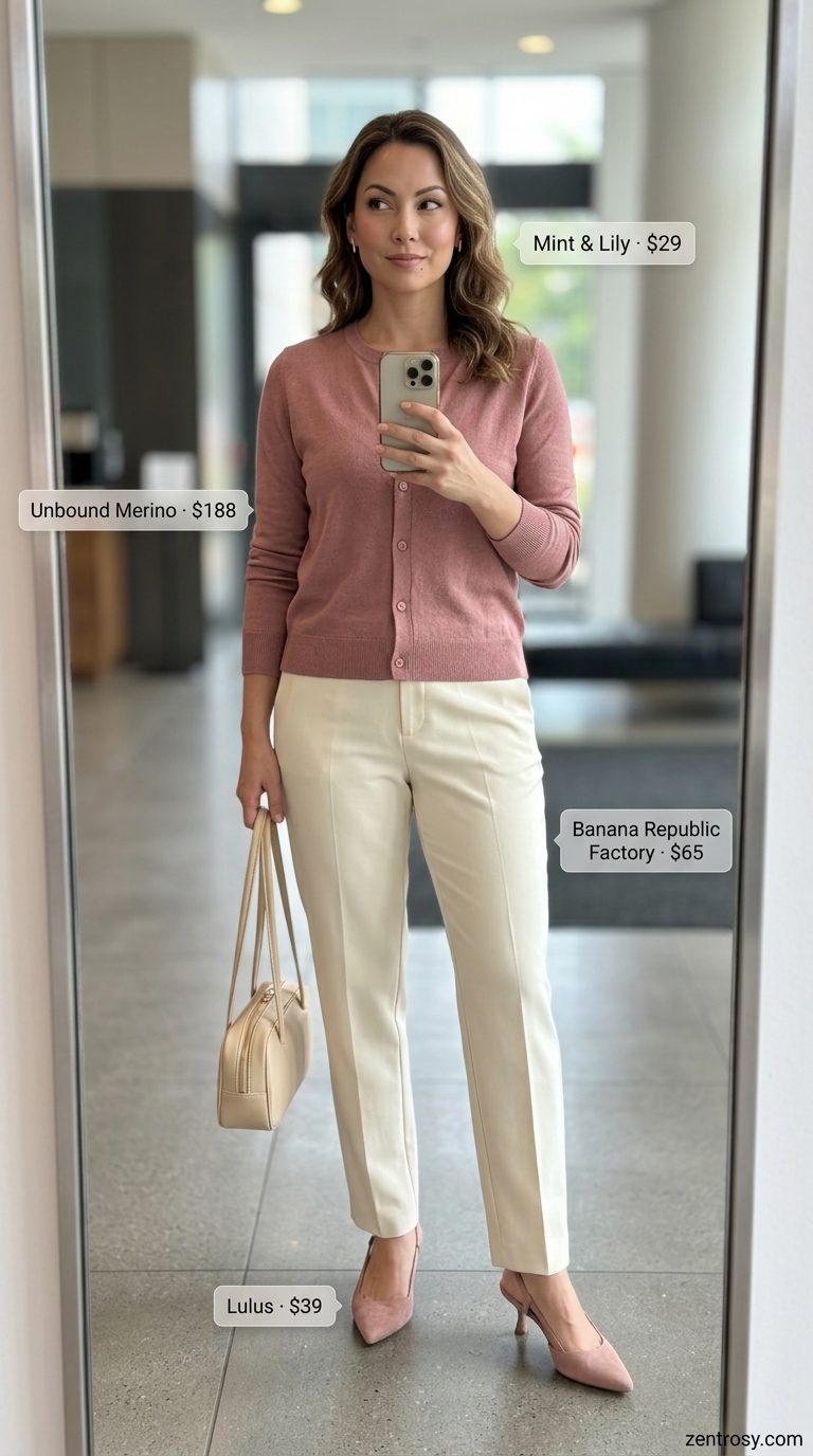 Chic summer work outfits for women 2026: Dusty Rose midi dress, ivory cardigan, nude heels, rose gold accents.