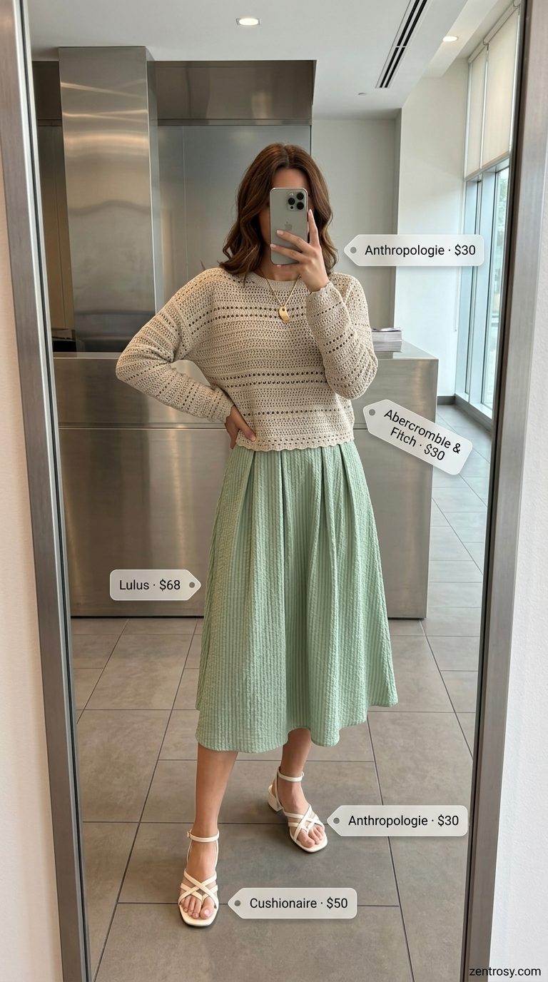 Chic summer work outfits for women 2026: Sage green midi dress, cream sandals, and gold jewelry for garden office glam.