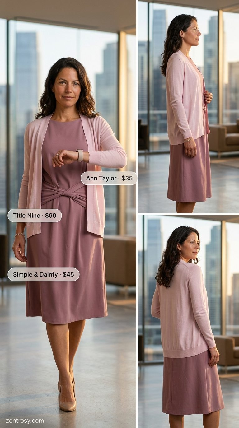 Chic summer work outfits for women 2026: Charcoal grey sheath dress, blush pink cardigan, and silver accessories for a formal office event.