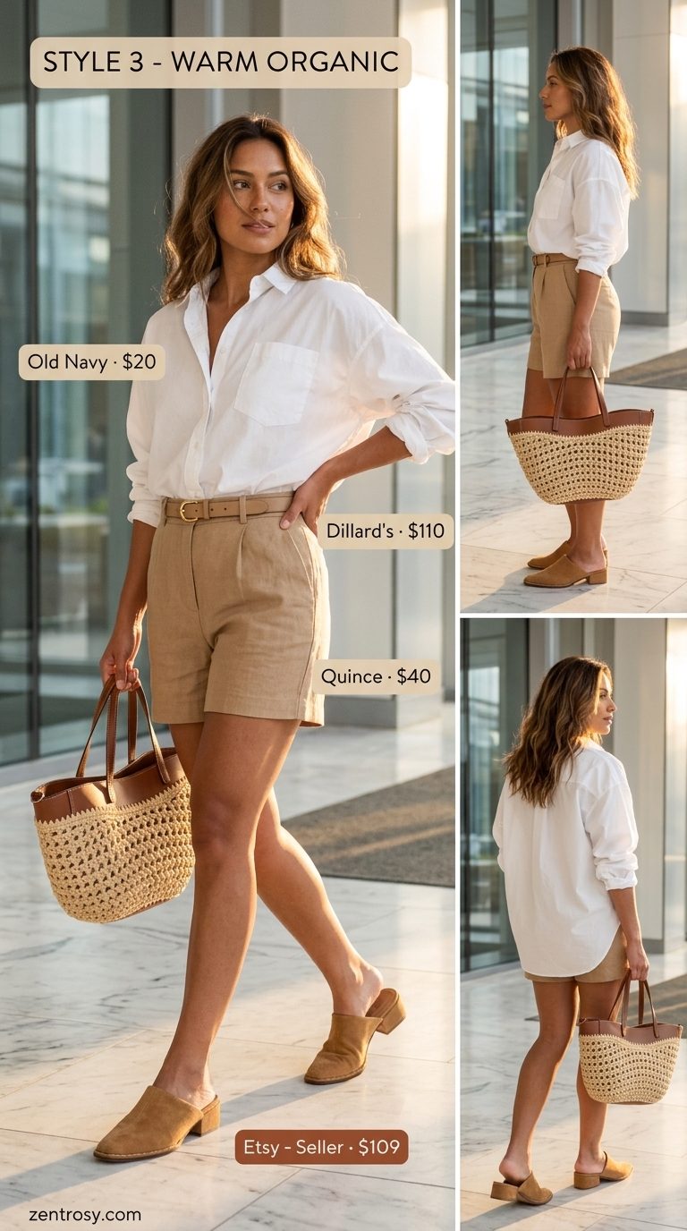 Chic summer work outfits for women 2026: Sage green shorts, white shirt, straw tote, tan mules.