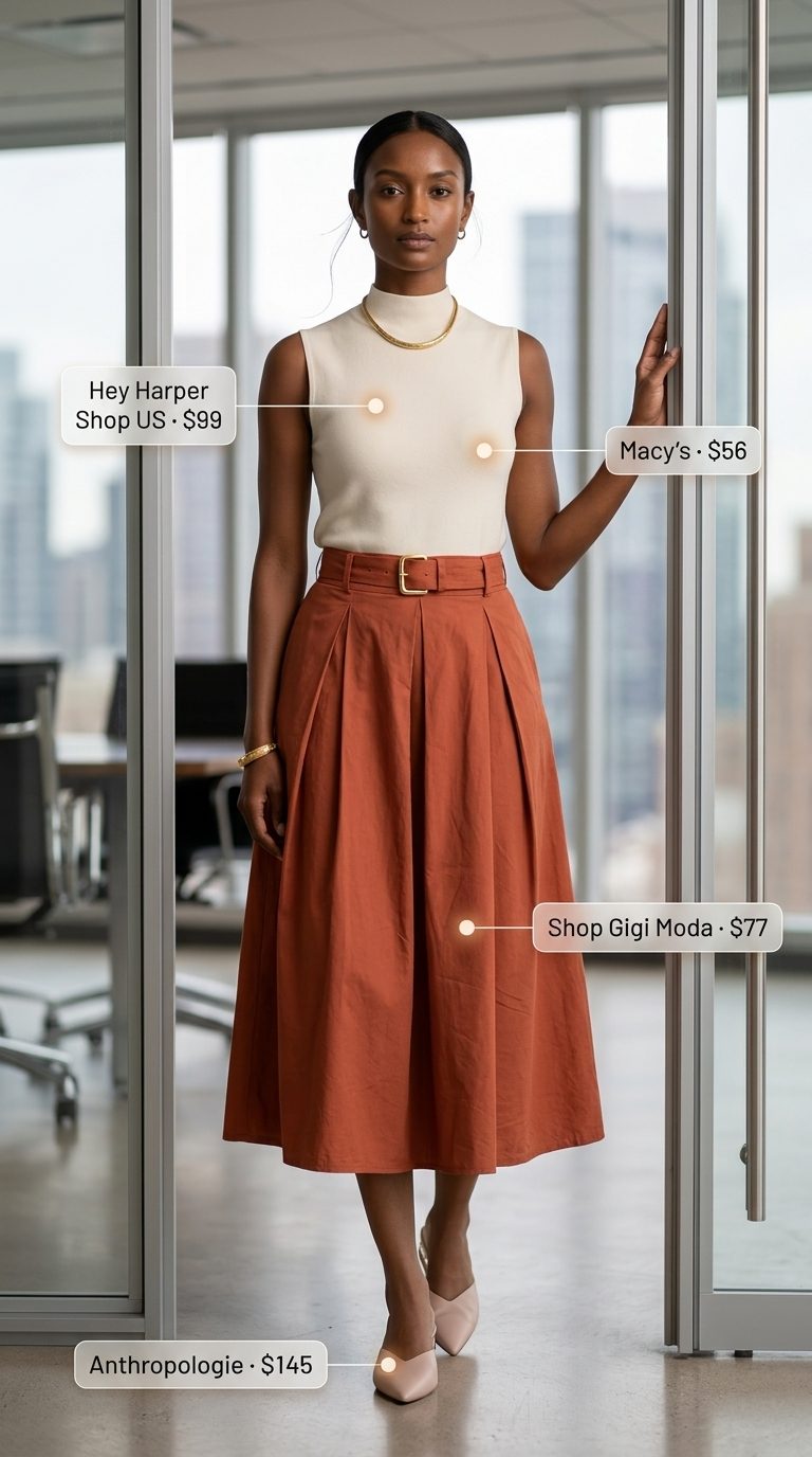 Chic summer work outfits for women 2026: Terracotta A-line skirt, ivory knit top, nude mules.