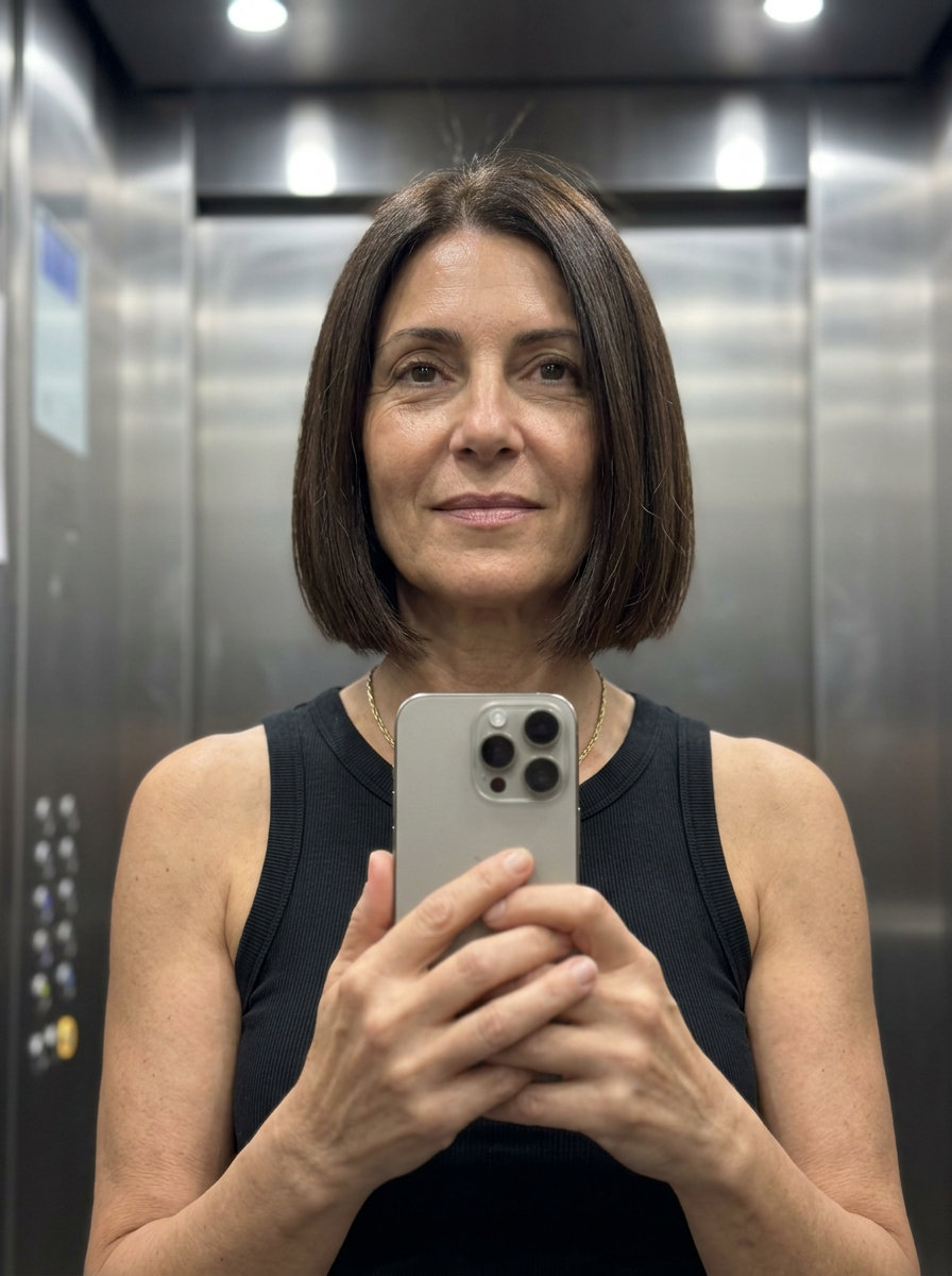 chin-length blunt bob haircut in deep chocolate brown with espresso undertones, single-process color — sophisticated and classic