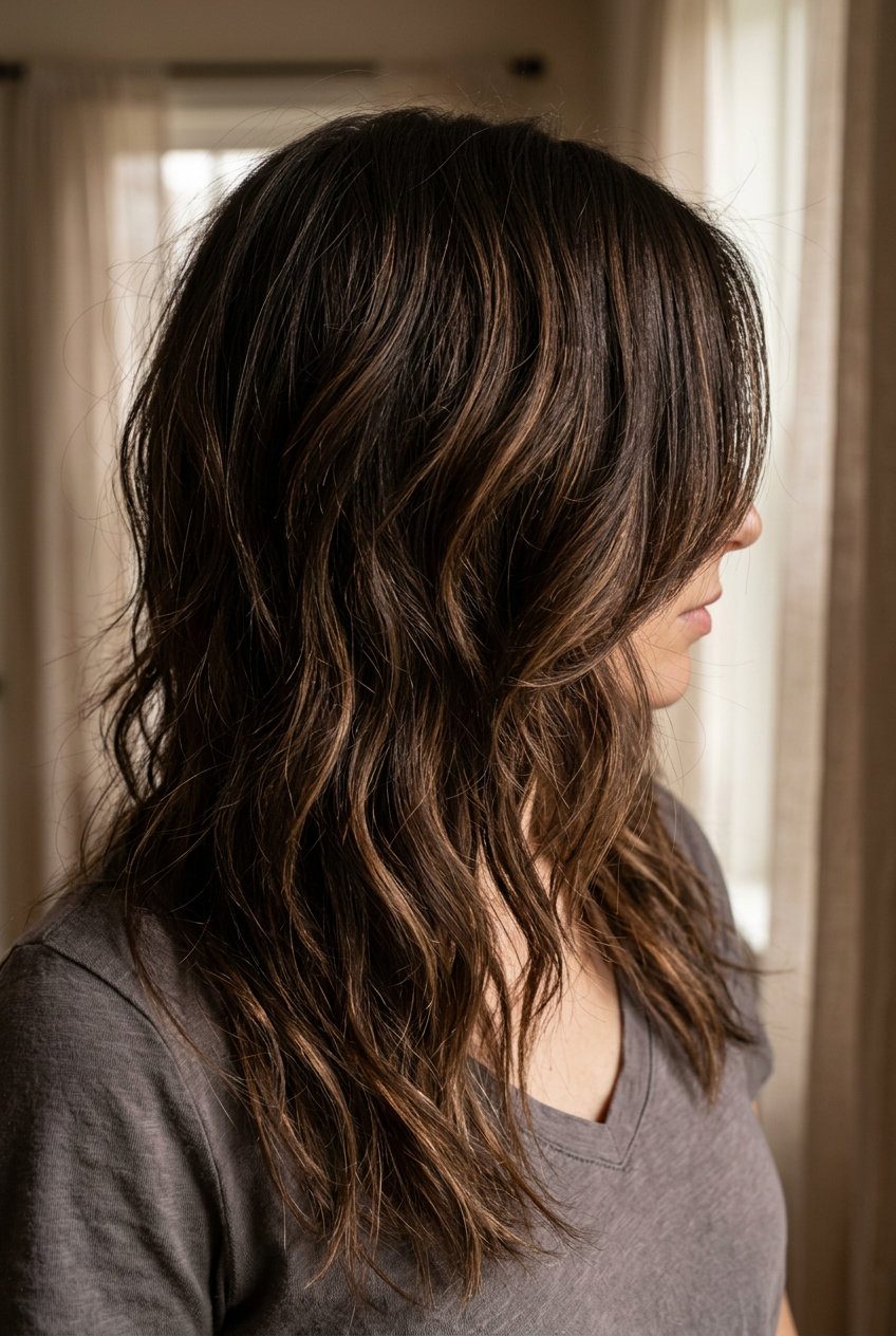 long chocolate brown wolf cut with caramel balayage and razored layers for dinner