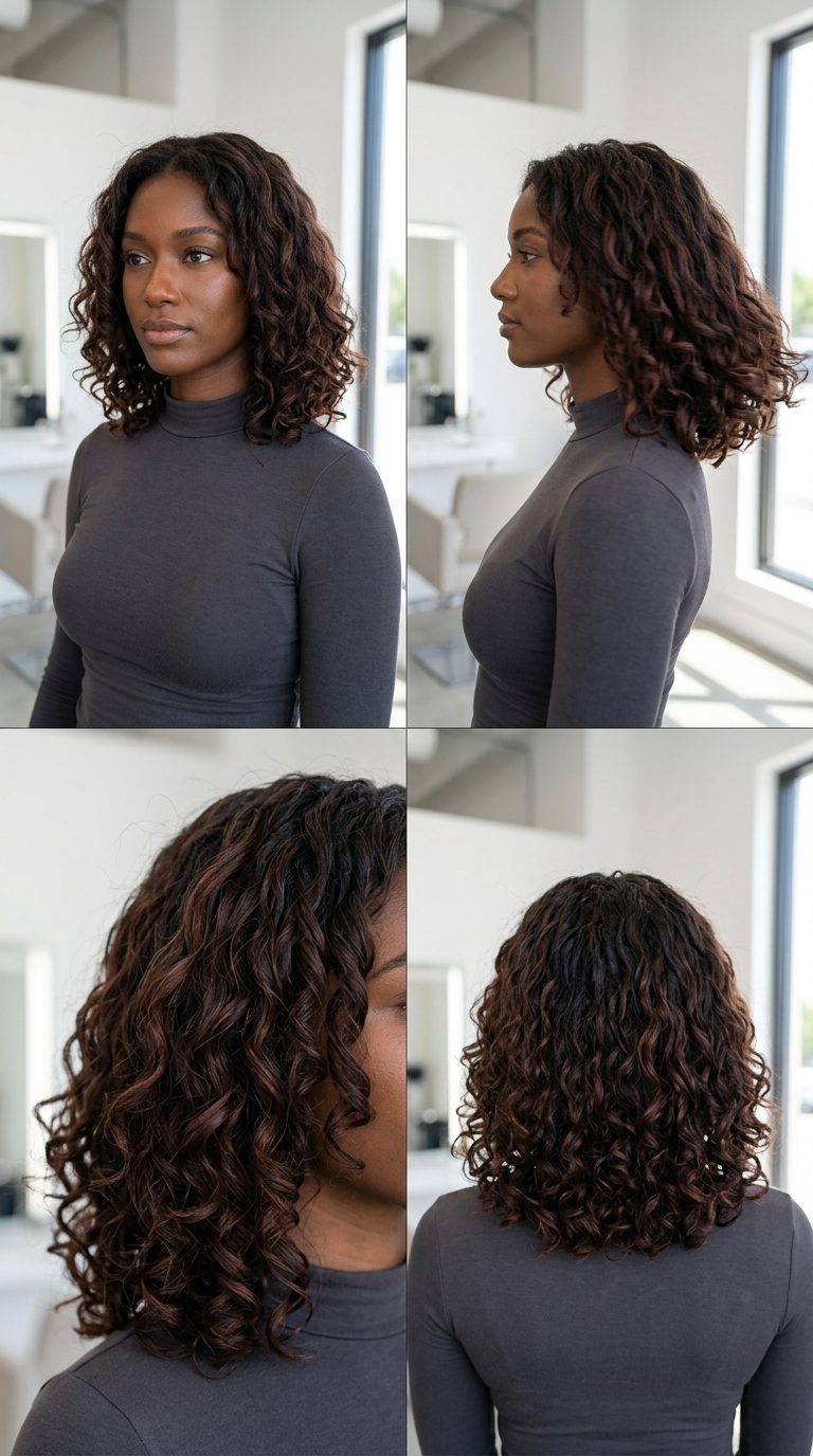 long layered cut chocolate brown with mahogany lowlights, hidden depth — sophisticated casual