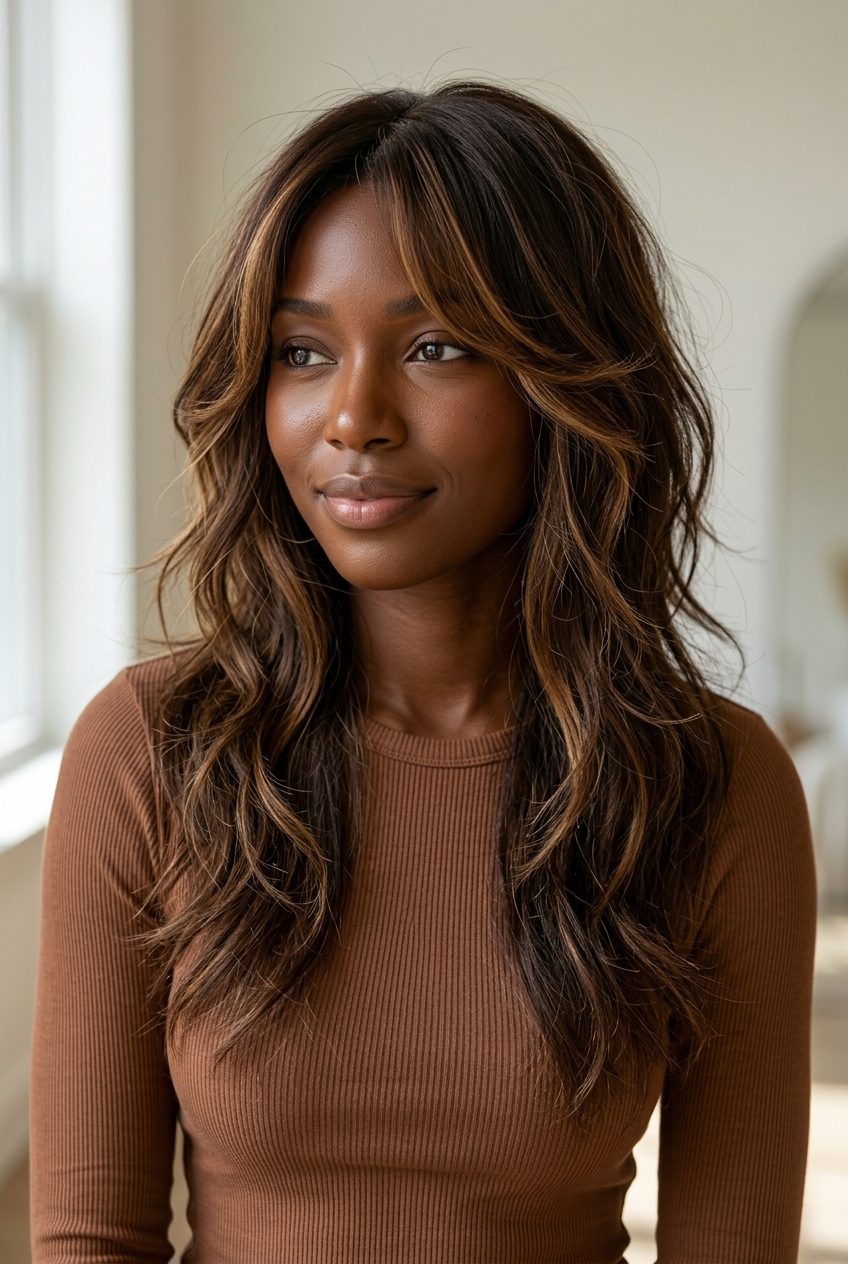 long wolf cut in chocolate brown with caramel balayage, bottleneck bangs — soft romantic