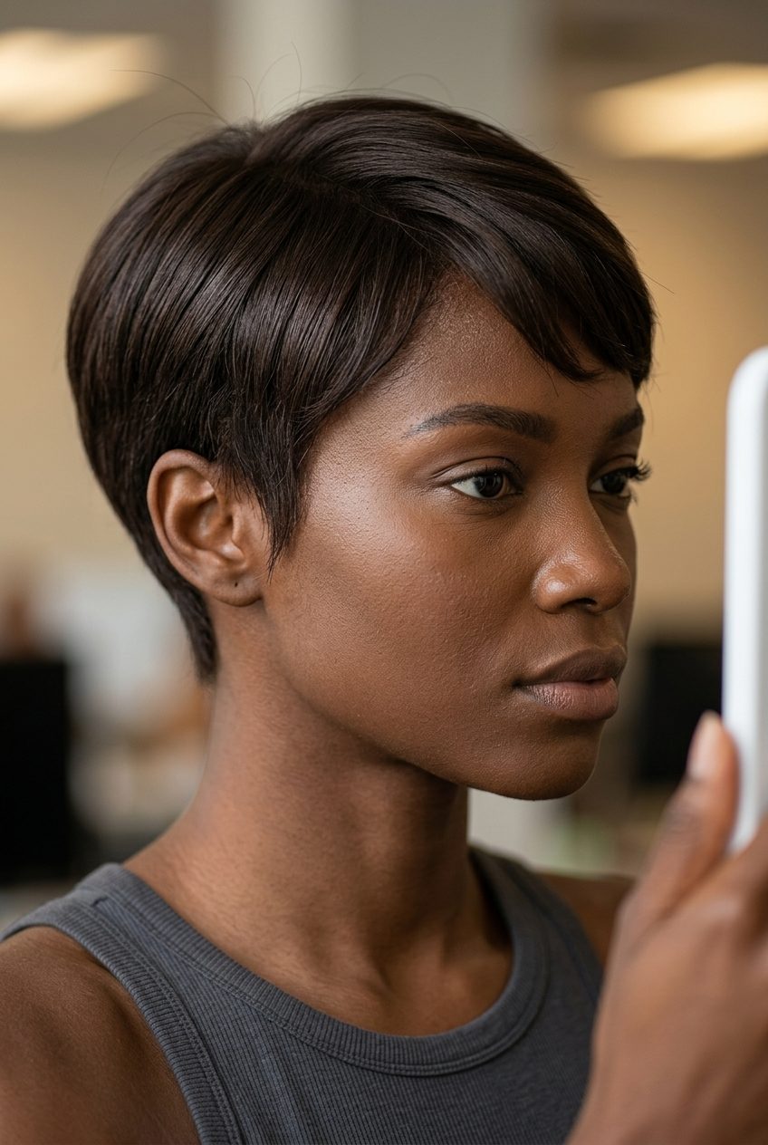 Espresso Polish Pixie Haircut 2026 very short classic pixie haircut in deep chocolate brown with tapered sides and blunt perimeter for professional look