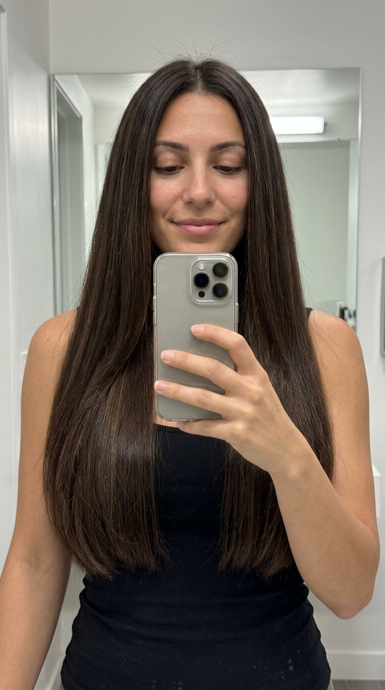 extra-long chocolate brunette with whisper honey babylights, blunt ends & long face-framing for luxe