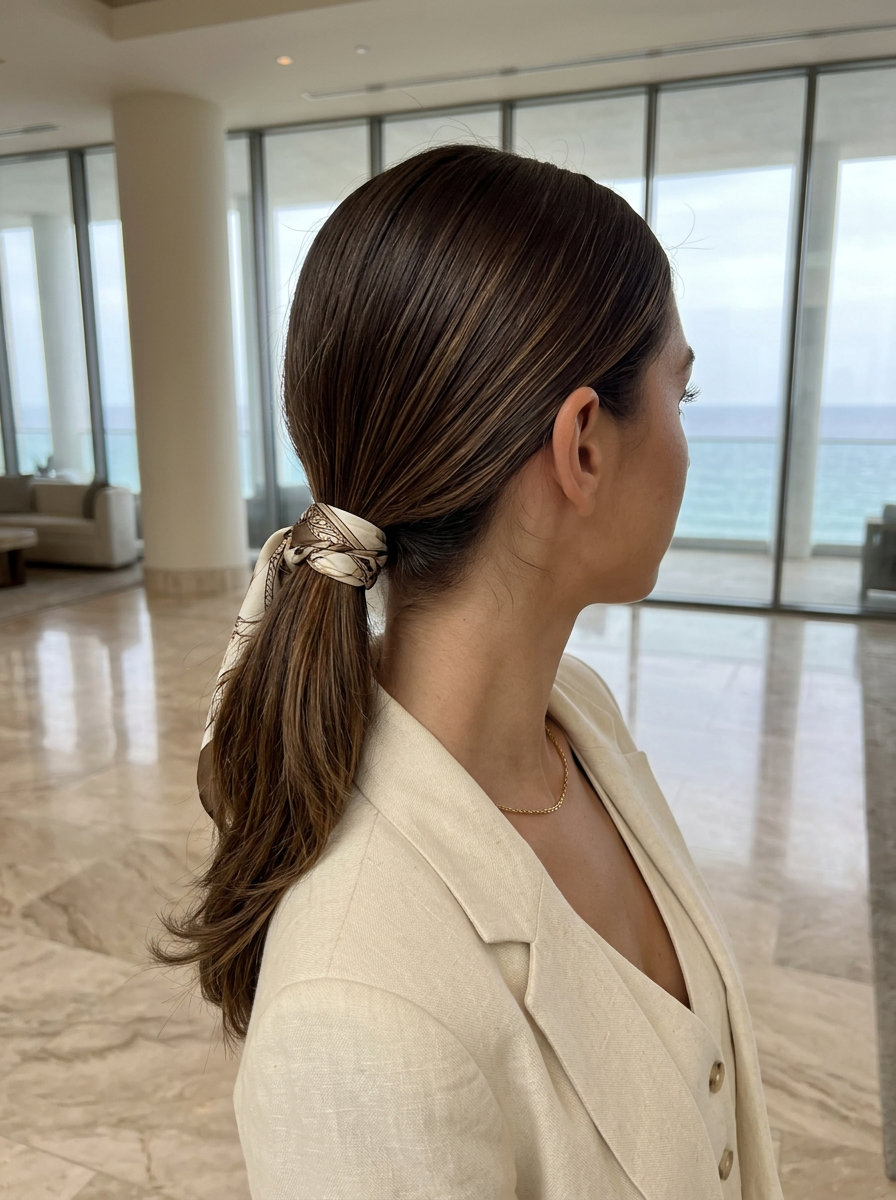 long chocolate brunette shag haircut with caramel whispers, sleek low ponytail — sophisticated chic