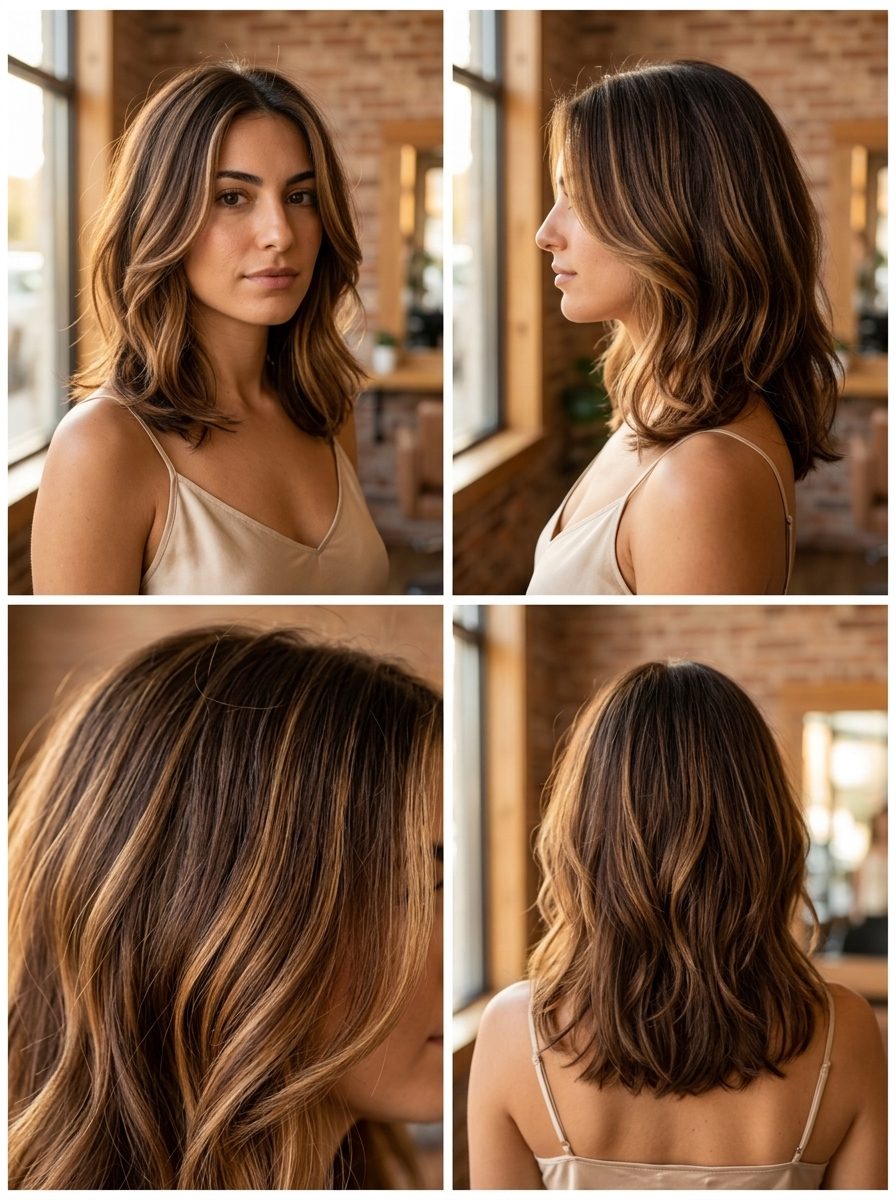 Caramel Ribbon Wavy Curve Cut 2026 medium curve cut wavy haircut in warm chocolate with caramel ribbons, inward-curving layers, face-framing pieces — romantic date night look