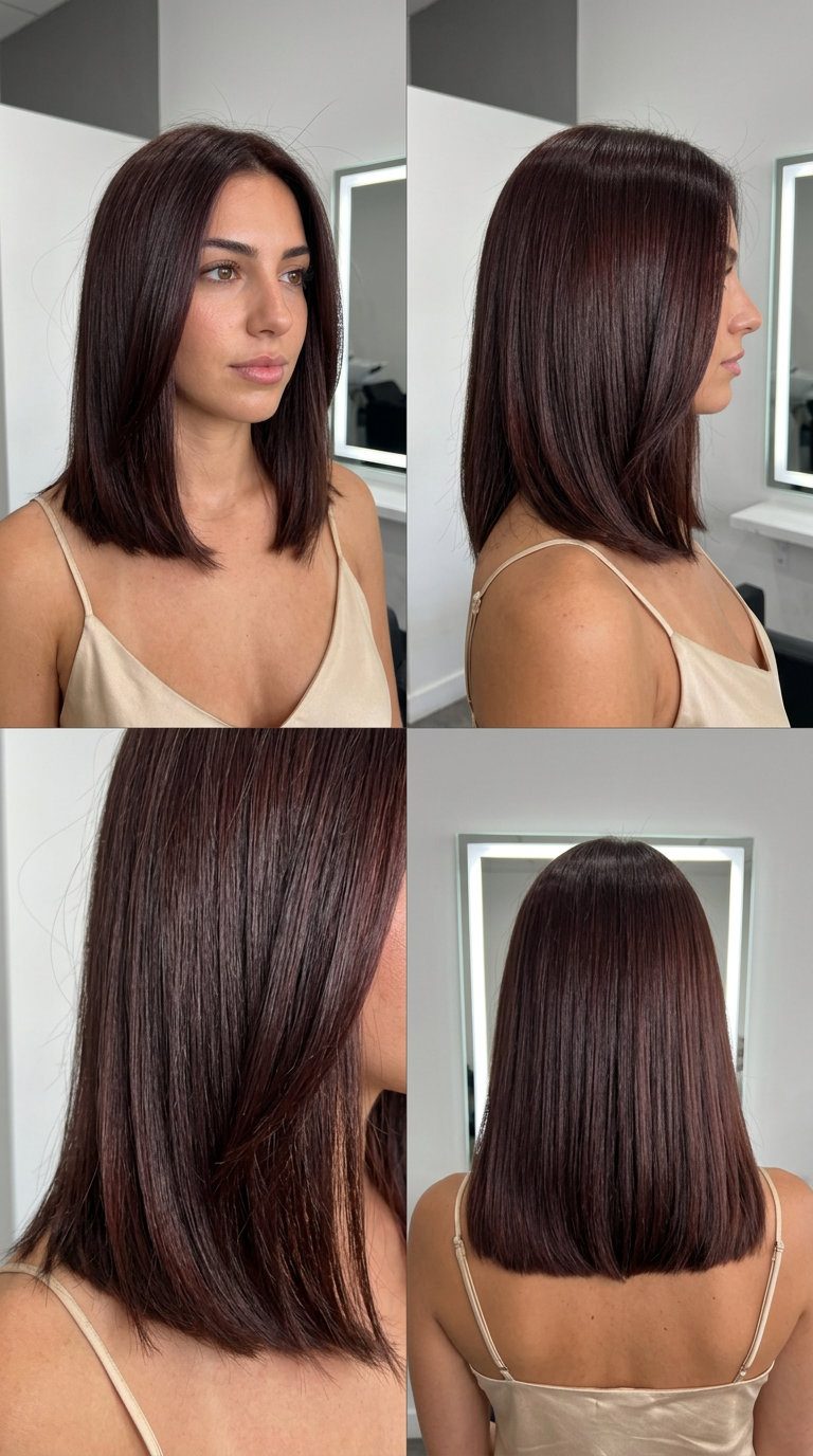 collarbone-length blunt cut with chocolate cherry color, glossy finish, center part — professional