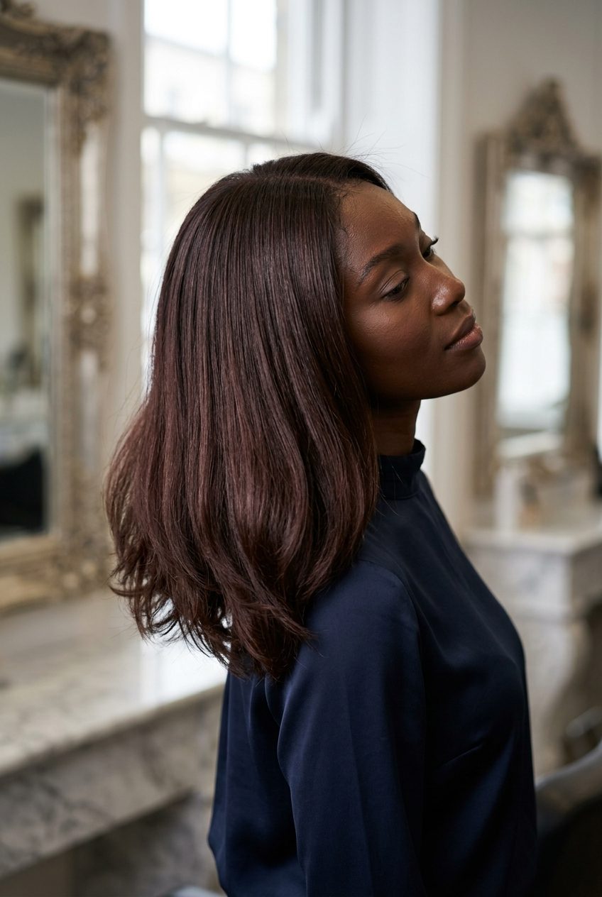 Chocolate Cherry Brunette 2026: Rich & Alluring long sleek chocolate cherry brunette with rich cherry undertones, uniform color — alluring formal event