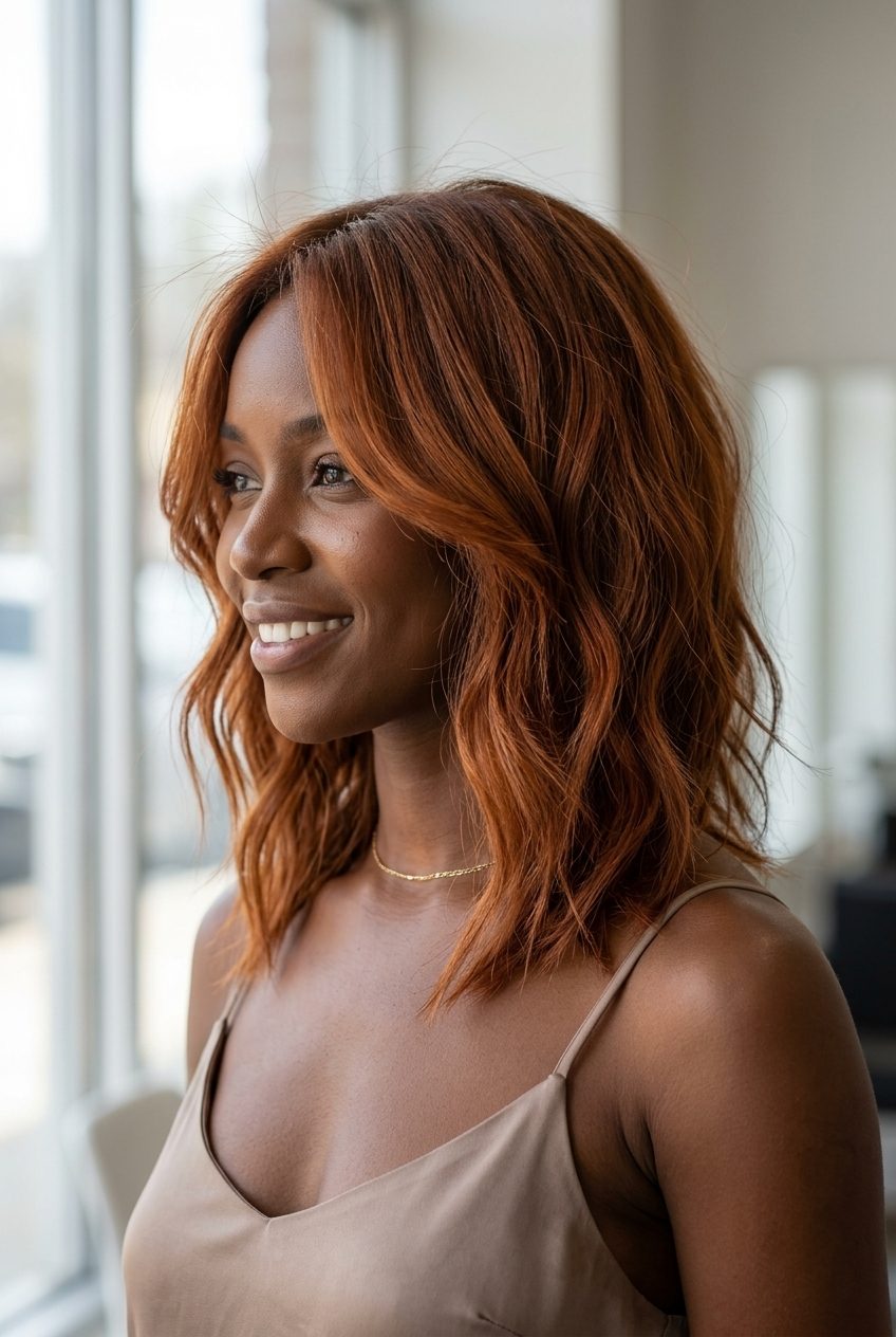 collarbone-length lob with raw cinnamon color and soft face-framing layers for warmth
