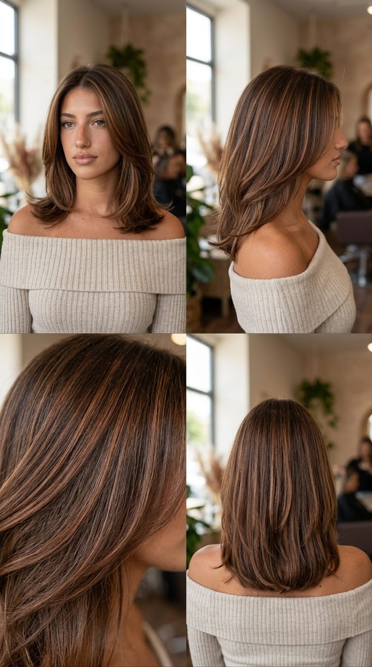 long layered auburn hair with cinnamon-red micro-highlights, no fringe, subtle gold — natural work look