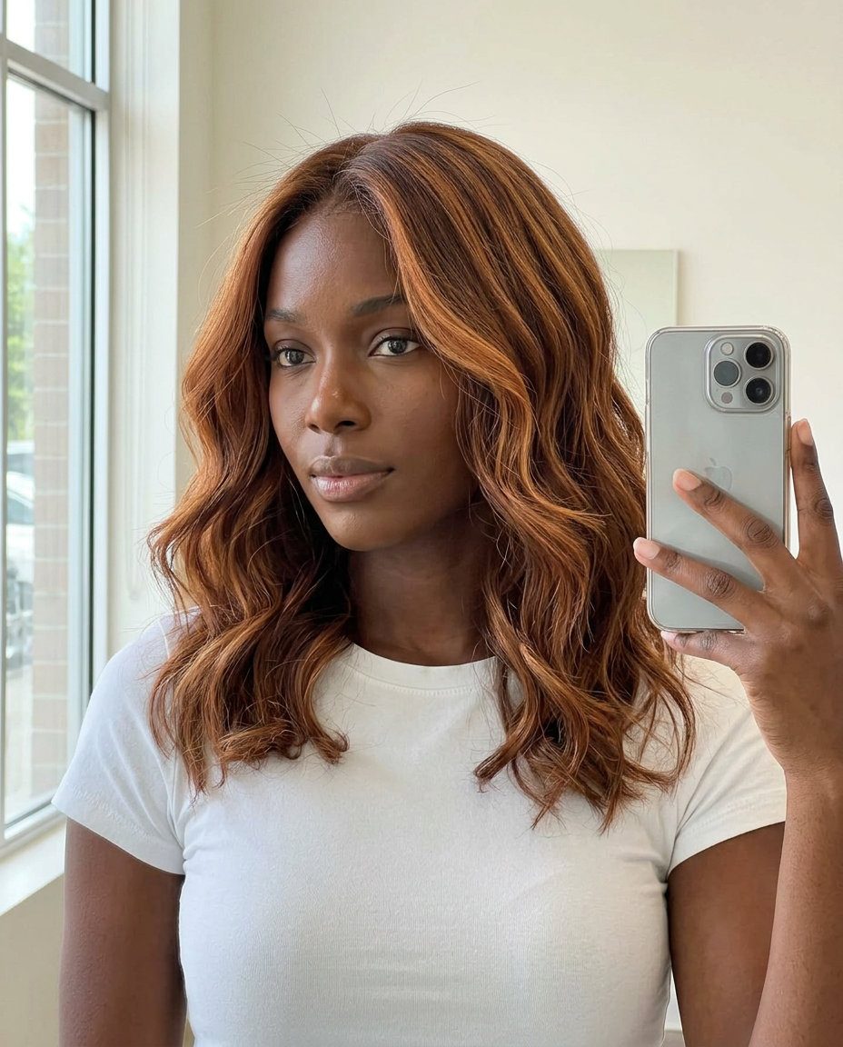 long cinnamon swirl balayage with warm copper and rich brown for cozy vibes