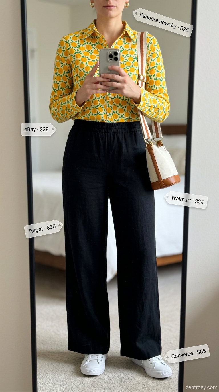 Citrus Grove Linen Shirt 2026 Playful citrus print linen shirt outfit with wide leg pants for vacation sightseeing in 2026.