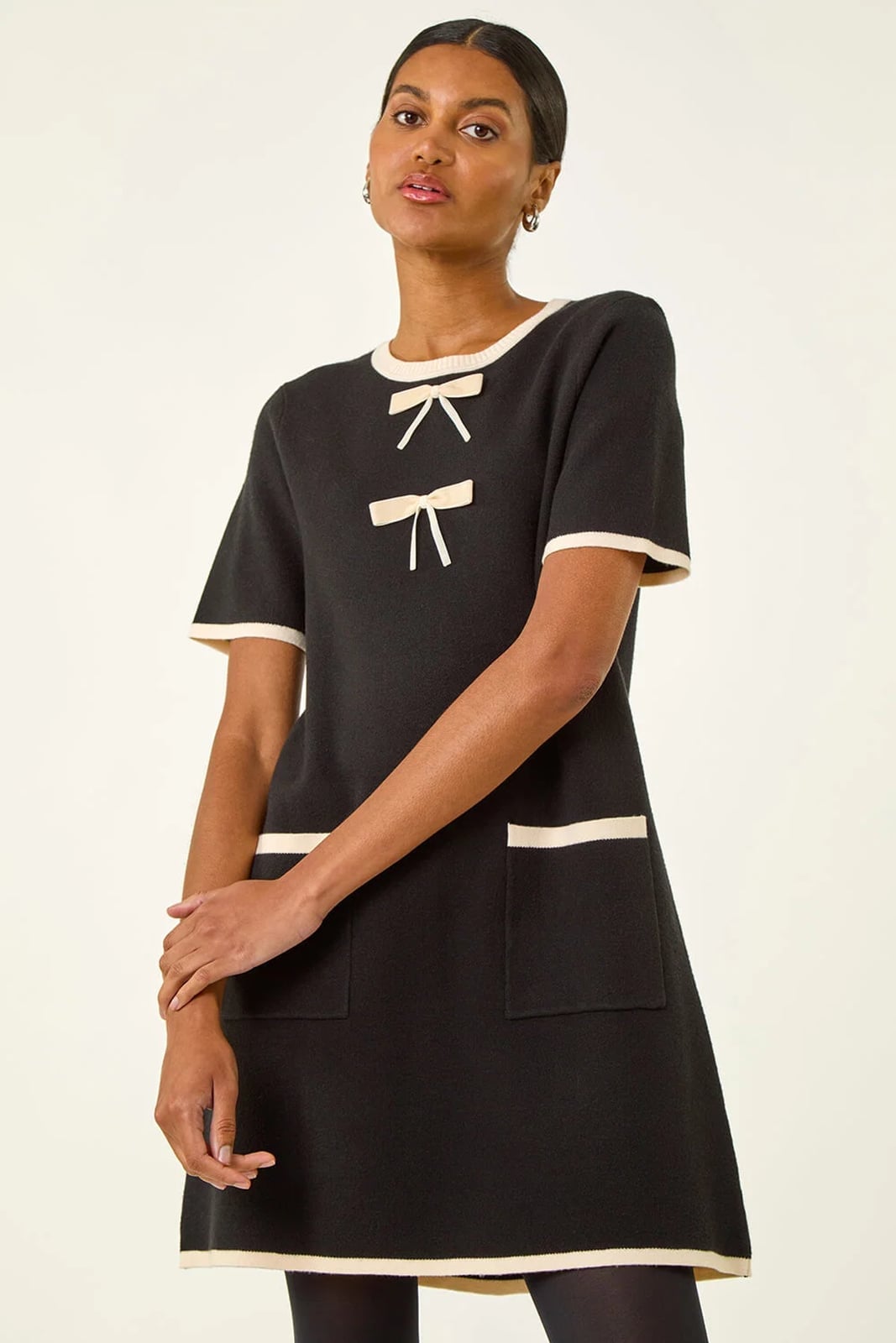 Black Knit Dress with Cream Bows Black Knit Dress with Cream Bows — Classy 60s Outfits