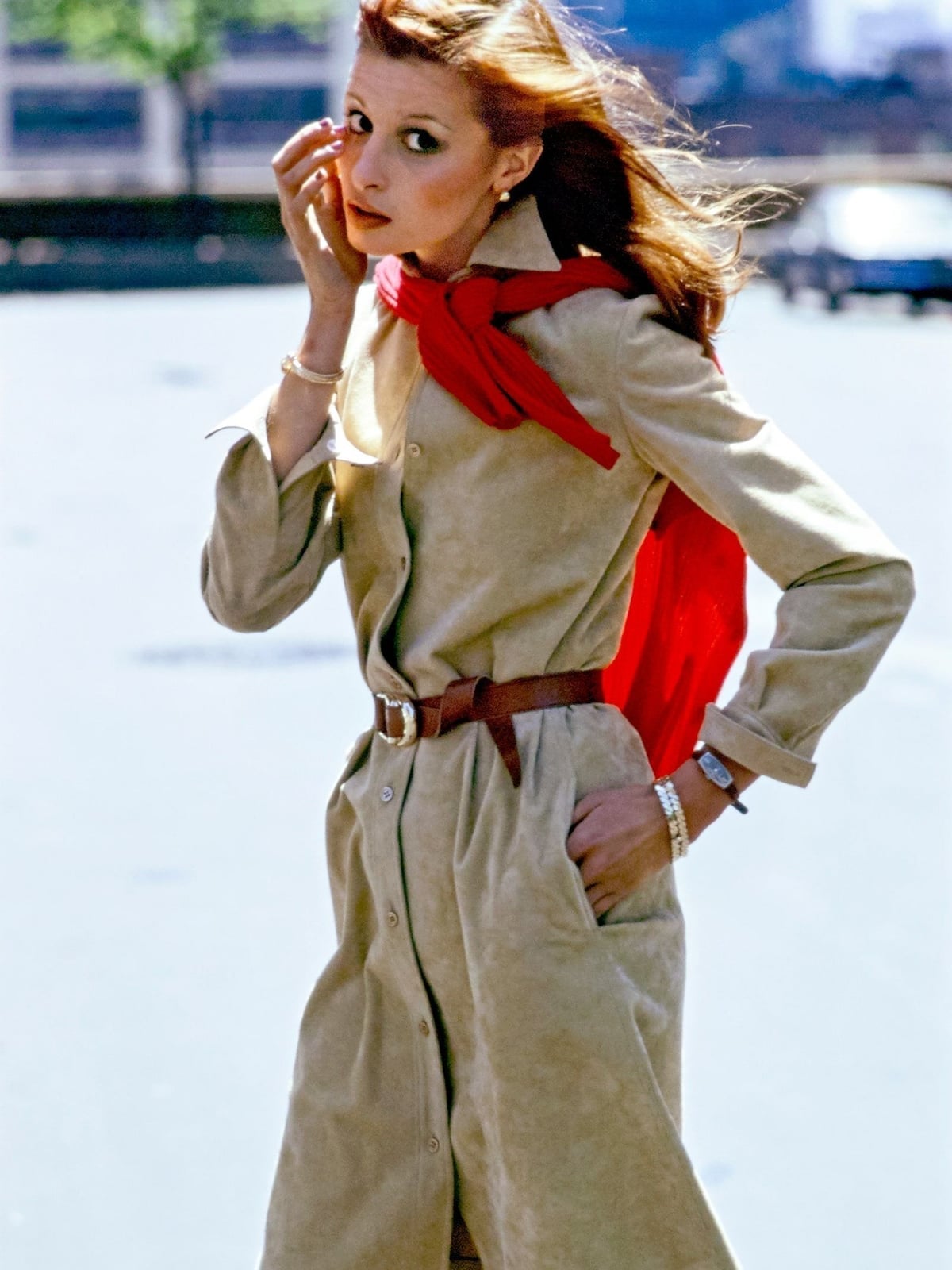Suede-Like Shirt Dress with Red Scarf Suede-Like Shirt Dress with Red Scarf — Classy 70s Outfits