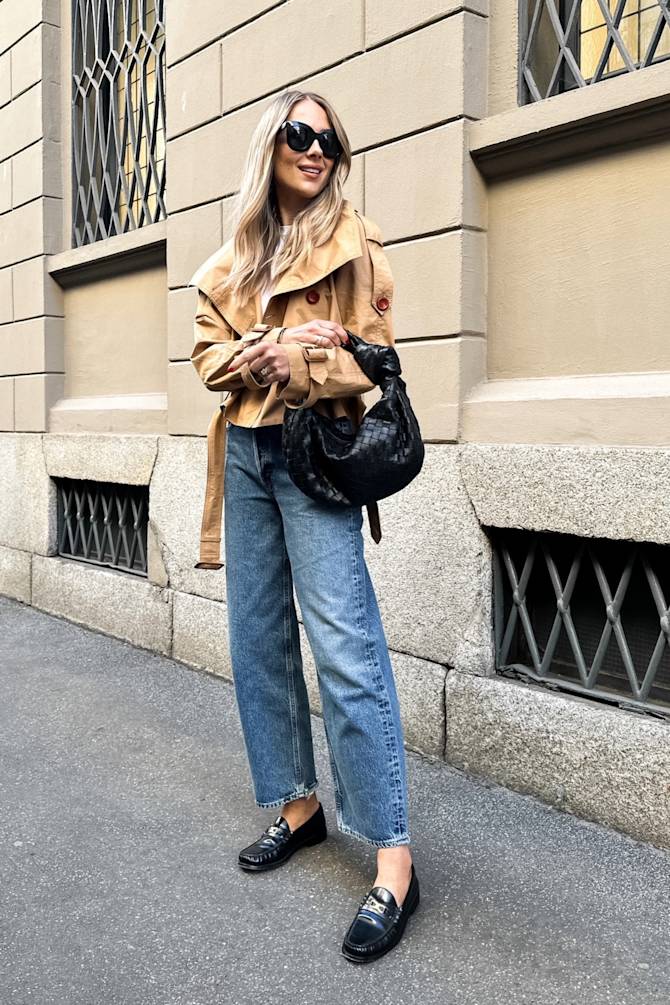 Beige Trench Coat with Wide-Leg Jeans Beige Trench Coat with Wide-Leg Jeans — Classy 70s Outfits