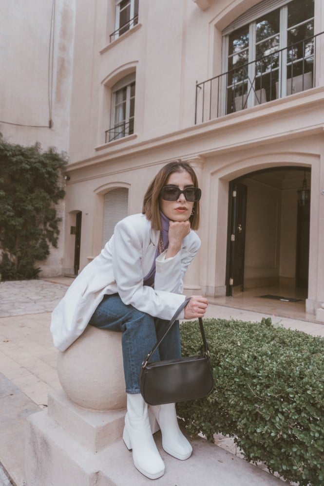 White Blazer and Purple Turtleneck Combination White Blazer and Purple Turtleneck Combination — Classy 70s Outfits
