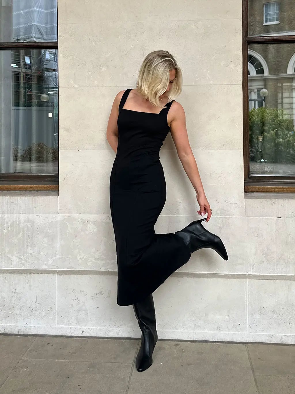 Fitted Midi Dress with Square Neckline Fitted Midi Dress with Square Neckline — Classy 90s Outfits