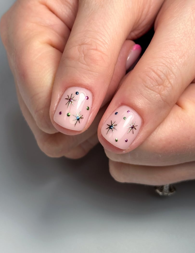 Milky Pink Star Stud Short Square Nails Milky Pink Star Stud Short Square Nails — Classy Acrylic Nails