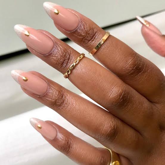 French Manicure with Gold Dots Short Almond French Manicure with Gold Dots Short Almond — Classy Acrylic Nails