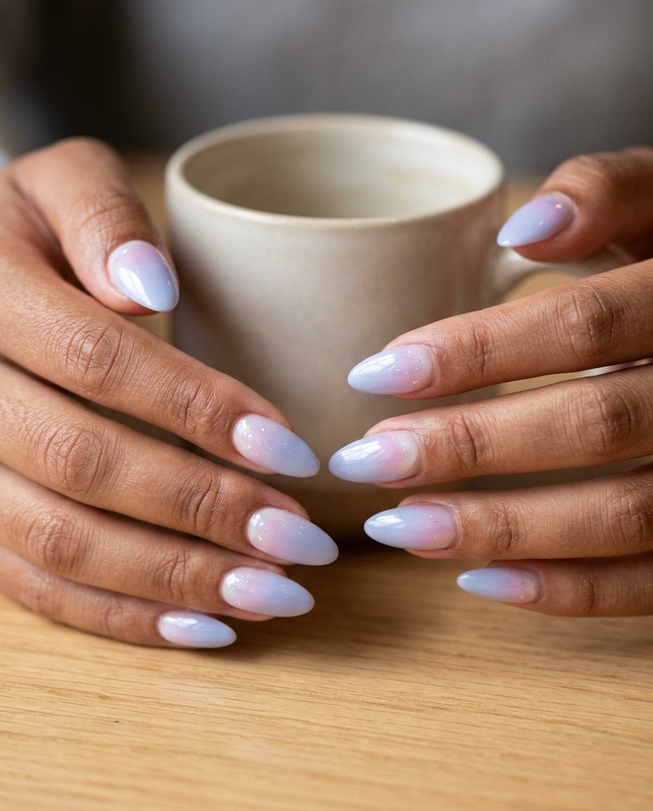Pale Blue to Pink Gradient Shimmer Nails Pale Blue to Pink Gradient Shimmer Nails — Classy Acrylic Nails