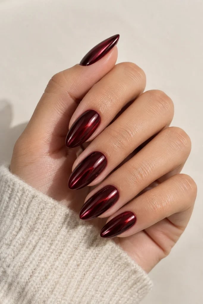 Metallic Red Chrome Medium Almond Nails Metallic Red Chrome Medium Almond Nails — Classy Acrylic Nails