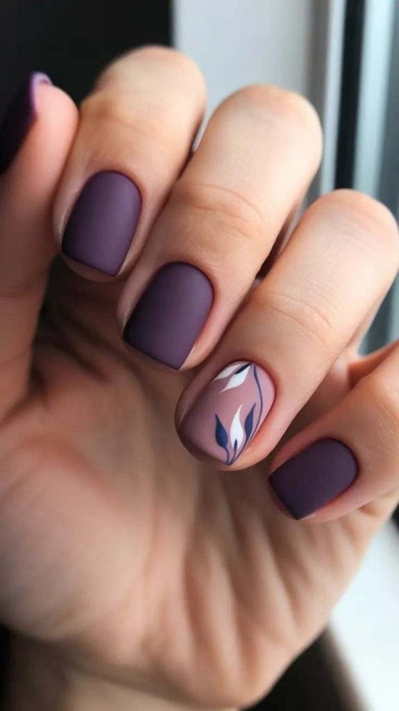 Deep Plum Matte with Leaf Design Nails, Close-Up Take Deep Plum Matte with Leaf Design Nails, Close-Up Take — Classy Acrylic Nails