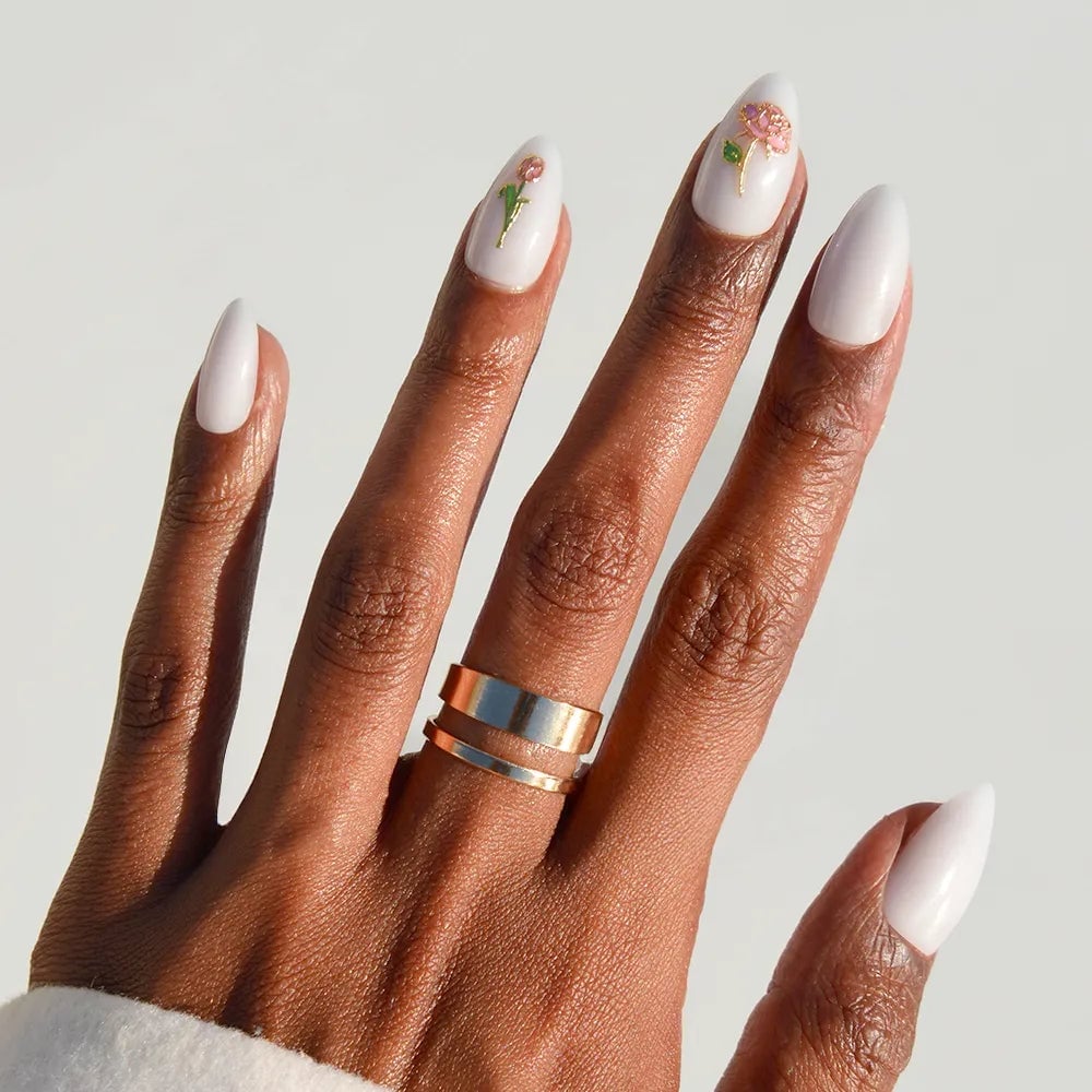White Floral Decal Medium Almond Nails White Floral Decal Medium Almond Nails — Classy Acrylic Nails