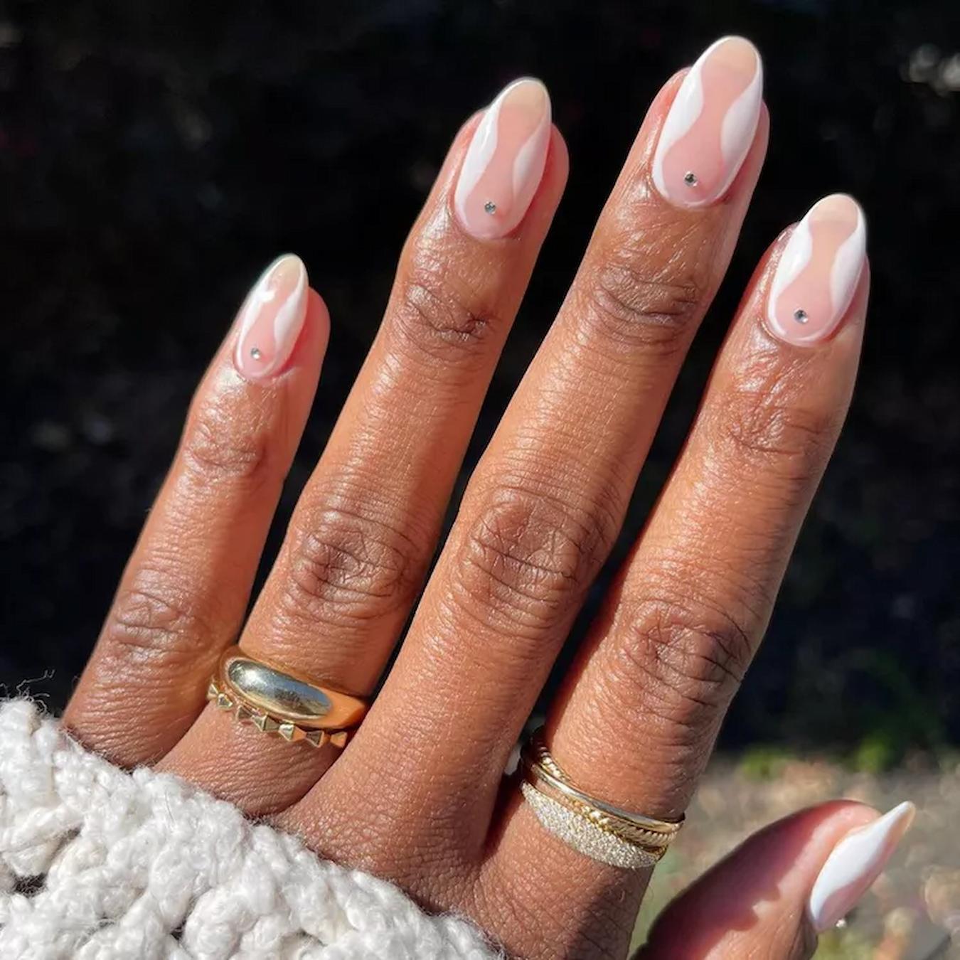 Nude Abstract Wavy Line Medium Oval Nails Nude Abstract Wavy Line Medium Oval Nails — Classy Acrylic Nails