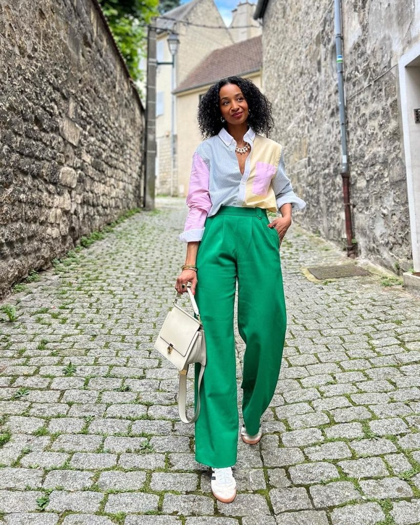 Adidas Samba With Bright Green Trousers And Colour Block Shirt — Classy Adidas Samba Outfits
