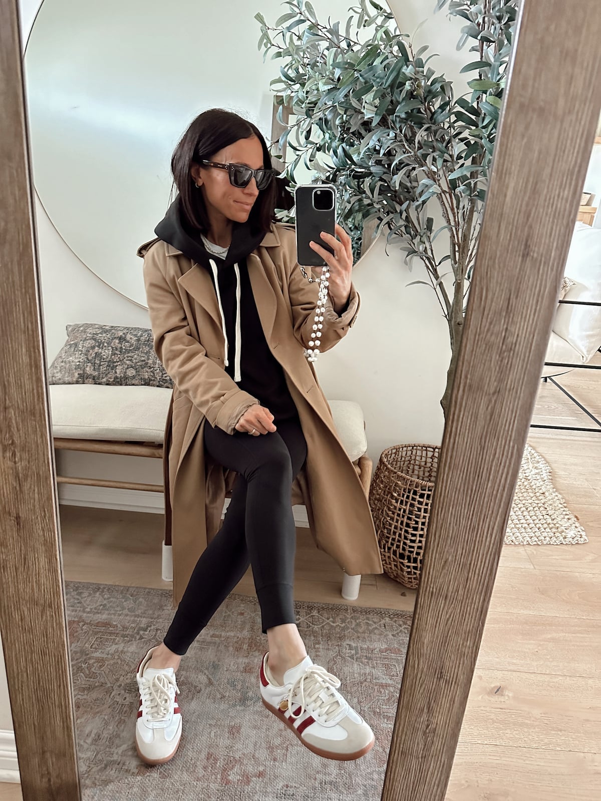 Camel Trench Coat Black Hoodie White T Shirt With Sneakers — Classy Adidas Samba Outfits