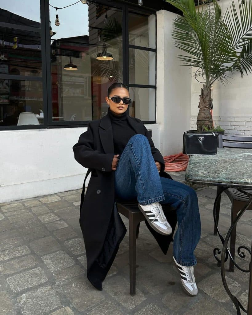 Adidas Samba With Black Turtleneck And Longline Coat — Classy Adidas Samba Outfits