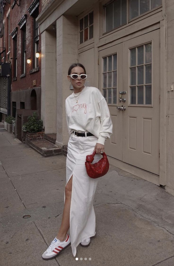 Adidas Samba With White Denim Skirt And Sweatshirt — Classy Adidas Samba Outfits