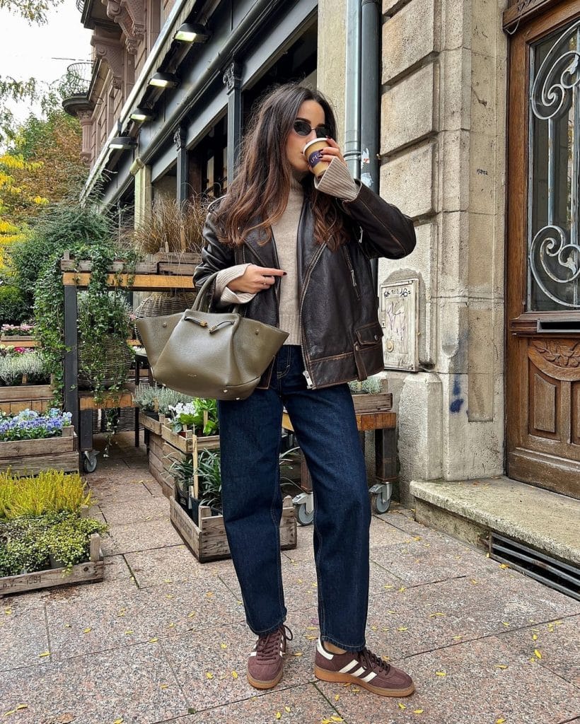 Brown Adidas Samba Trainers With Jeans And Leather Jacket — Classy Adidas Samba Outfits