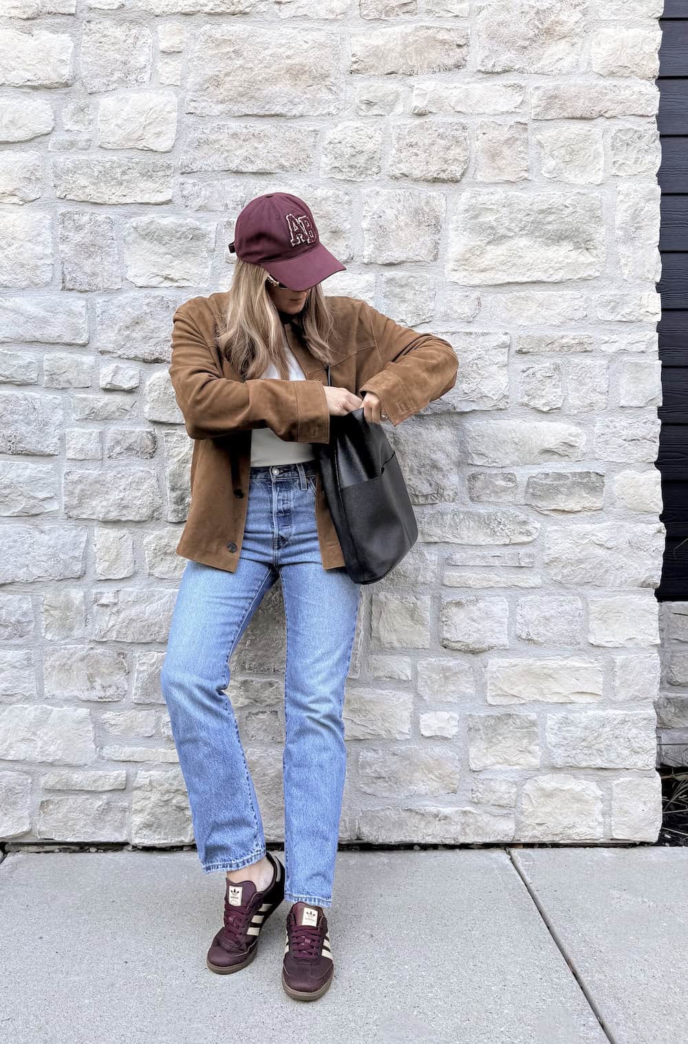 Burgundy Adidas Samba Sneakers With Suede Jacket And Jeans — Classy Adidas Samba Outfits