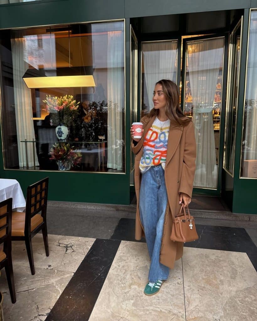 Green Adidas Samba Trainers With Blue Jeans And Wool Coat — Classy Adidas Samba Outfits