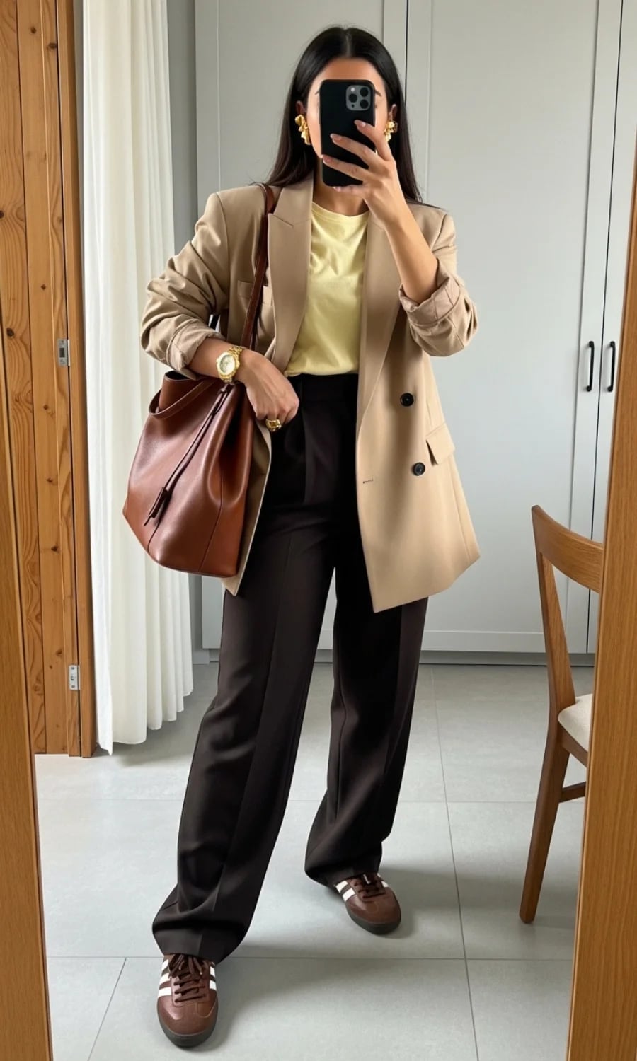 Beige Blazer Yellow T Shirt Dark Brown Trousers With Brown Sneakers — Classy Adidas Samba Outfits