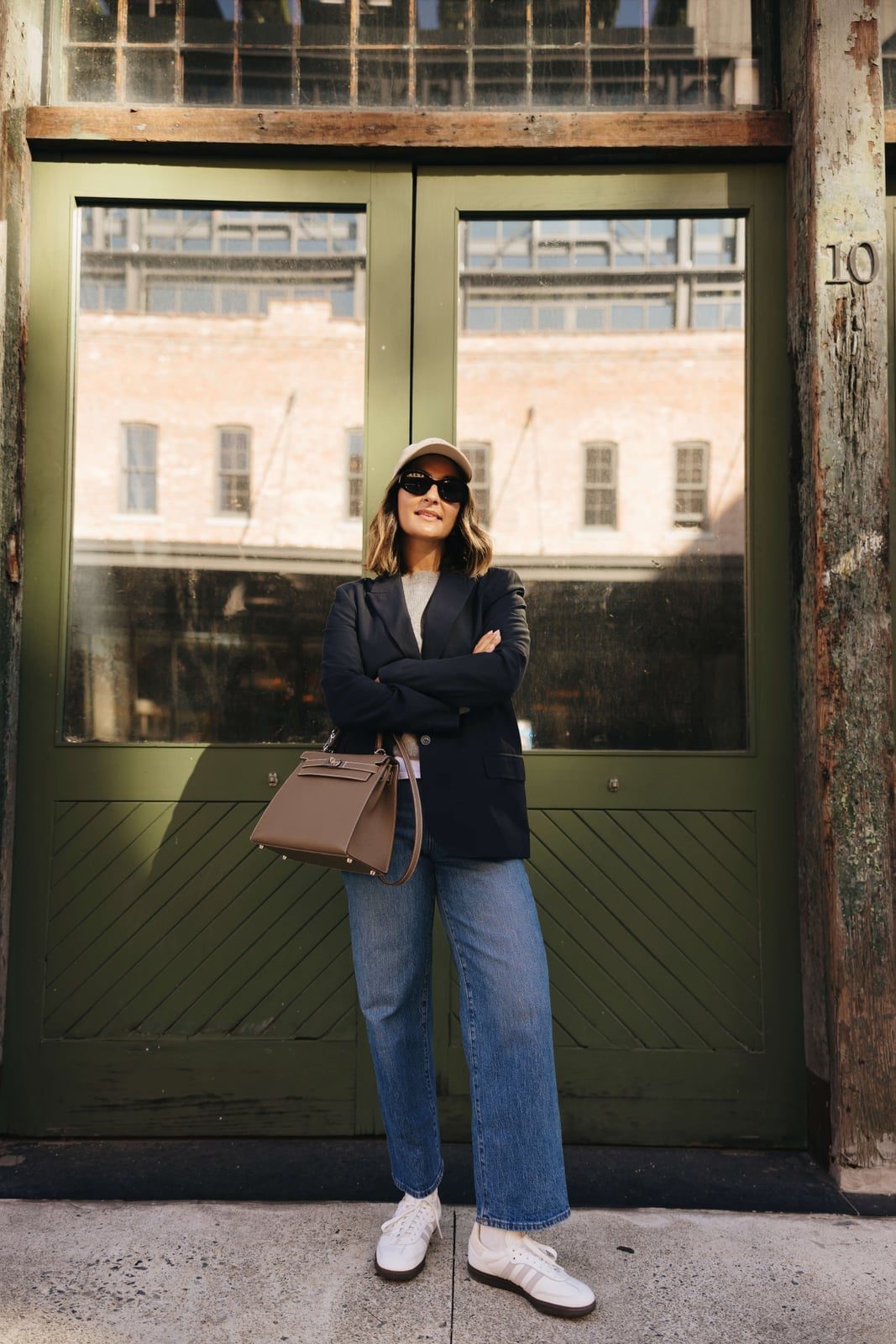 Navy Blazer White T Shirt Blue Jeans With White Trainers — Classy Adidas Samba Outfits