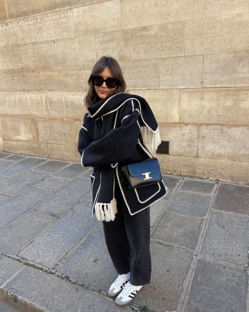 Adidas Samba With Black Turtleneck And Fringed Jacket — Classy Adidas Samba Outfits