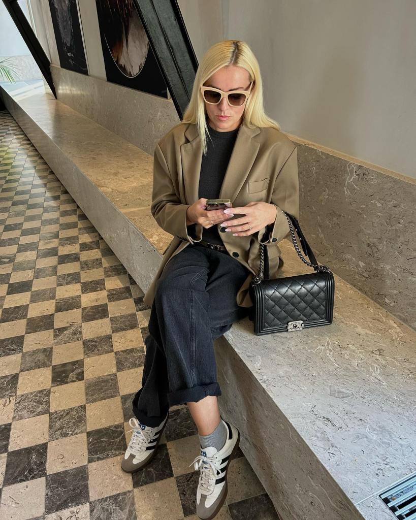 Adidas Samba With Black Jeans And Beige Blazer — Classy Adidas Samba Outfits