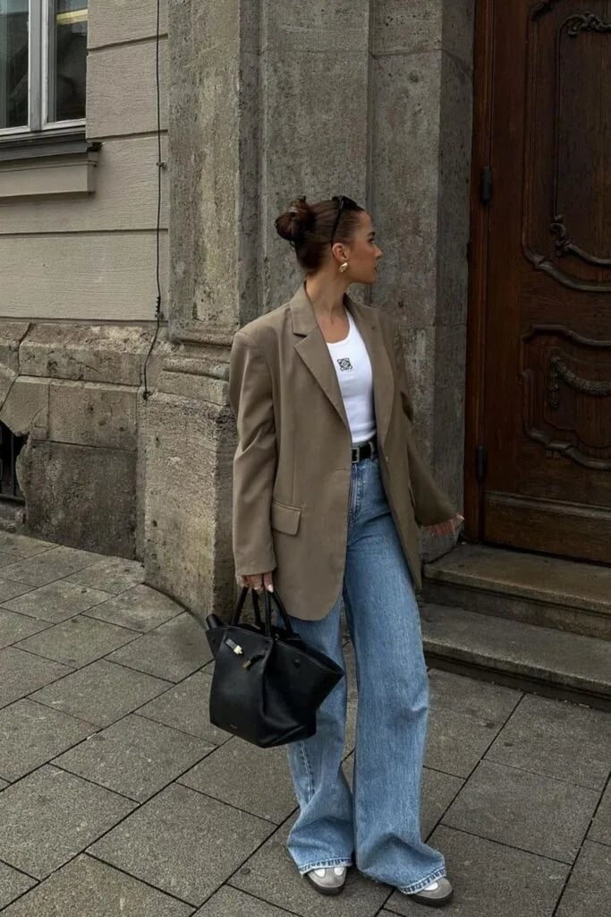 Adidas Samba With Wide Leg Jeans And Beige Blazer — Classy Adidas Samba Outfits