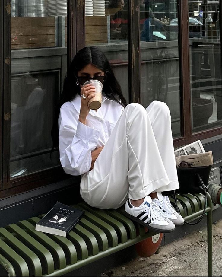 Monochrome White Outfit With White Adidas Samba Sneakers — Classy Adidas Samba Outfits