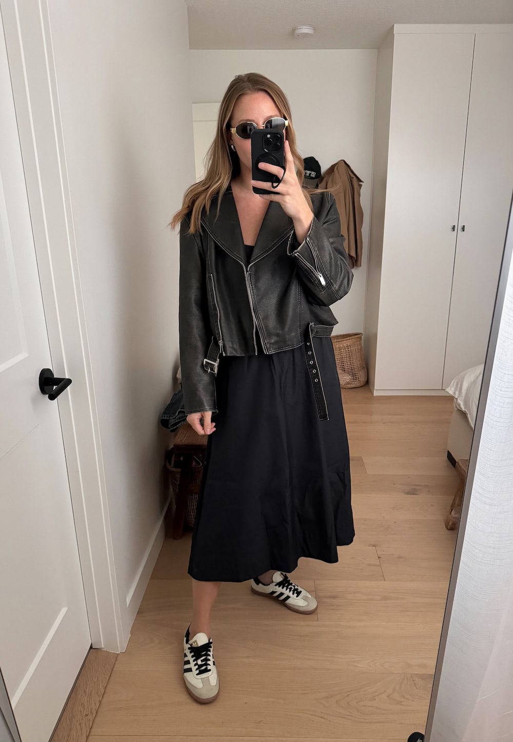 Black Leather Jacket Black Slip Dress With Black White Sneakers — Classy Adidas Samba Outfits