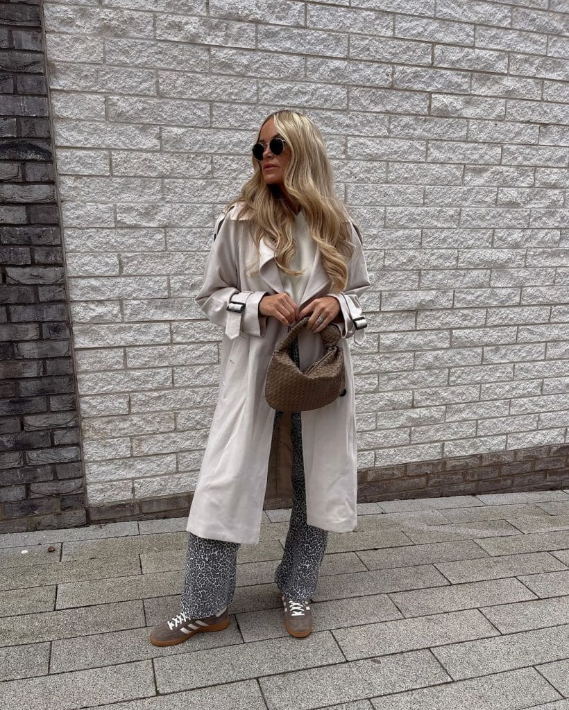 Beige Trench Coat Leopard Trousers With Grey Adidas Samba Sneakers — Classy Adidas Samba Outfits