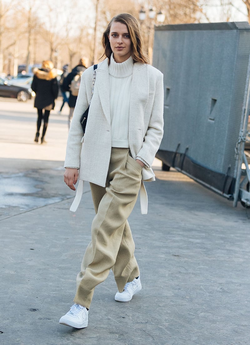 Cream Blazer and Beige Trousers with White Sneakers — Classy Air Force 1 Outfits