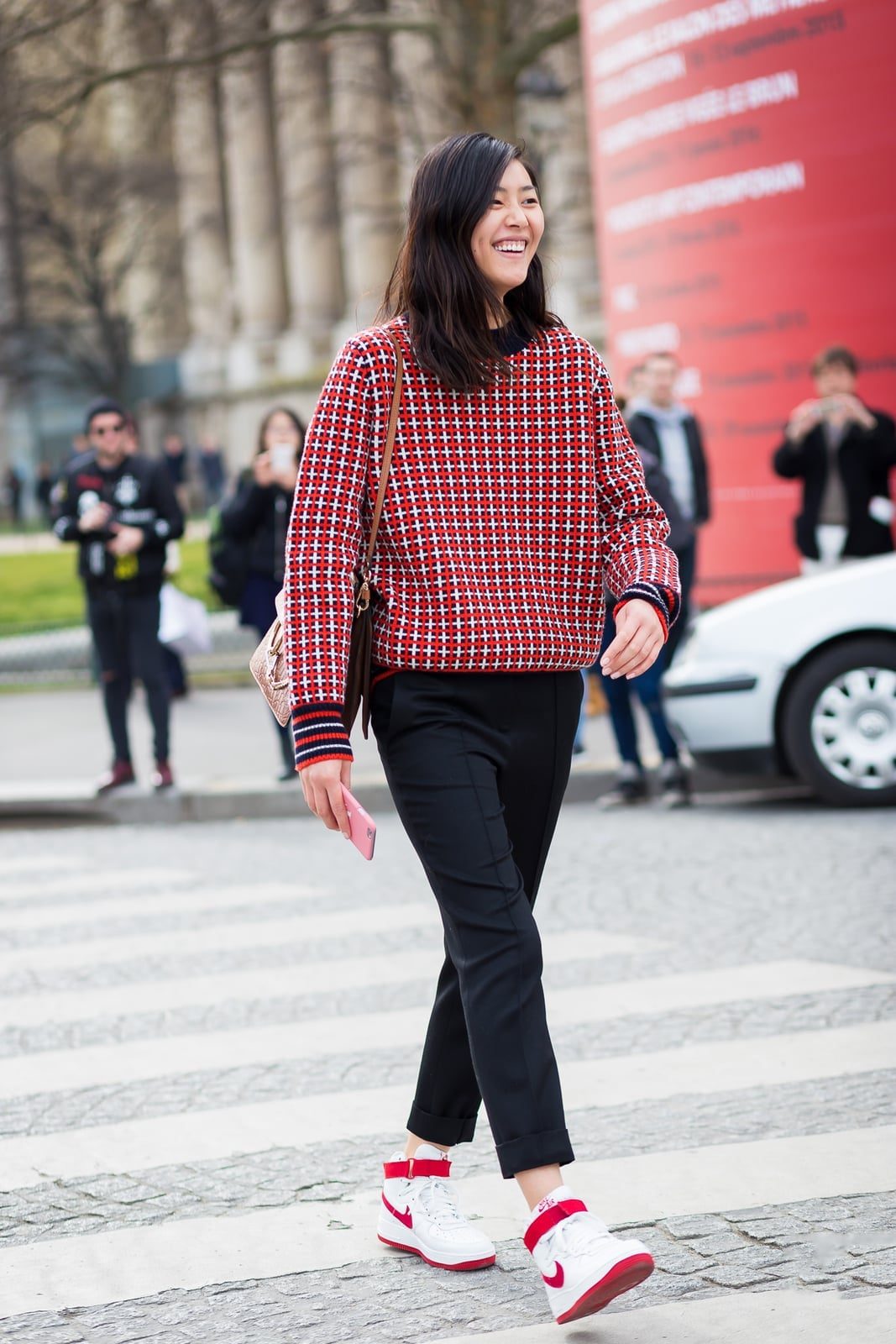 Patterned Sweater and Black Trousers with White Air Force 1s — Classy Air Force 1 Outfits
