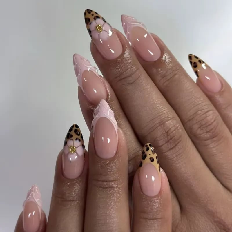 Sheer Pink Leopard Accent Medium Almond Nails — Classy Animal Print Nails