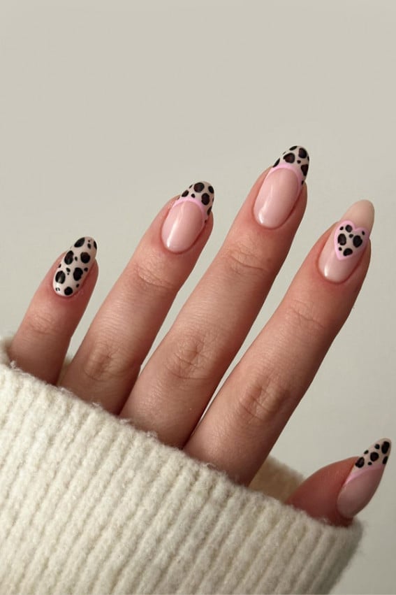 Pink Heart Leopard Print Accent Long Almond Nails — Classy Animal Print Nails
